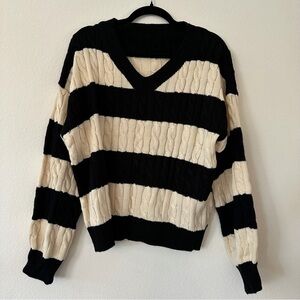 Black and Cream Striped V-Neck Sweater